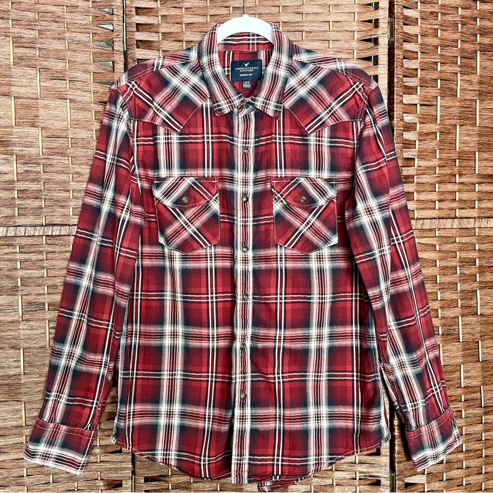 American Eagle Men's Plaid Snap Button  Long Sleeve Shirt, Western Country SizeL